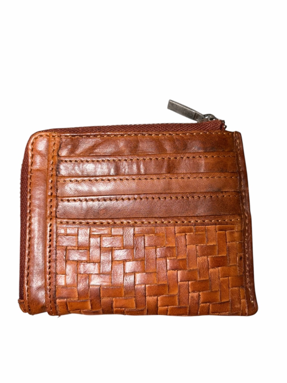 Marta Ponti Brown Woven Leather Zip Around Wallet Intrecciato Style